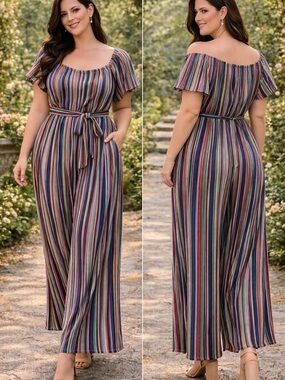 Symphony Multicolor Vertical Stripe Off-Shoulder Jumpsuit